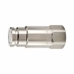 This Parker FET Series hydraulic quick-connect coupling plug is designed for use with FS Series nipples in hydraulic systems. It features a 316 stainless steel body and a fluorocarbon seal for corrosion resistance. The plug has a 3/4-inch coupling size with a 1-1/16"-12 thread, suitable for fluid transfer in industrial machinery and mobile equipment.