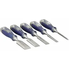This 5-piece wood chisel set from IRWIN features straight tip shapes and overall lengths of 3 1/8 in, 3 3/8 in, and 3 5/8 in. The plastic handles provide a secure grip for shaping and trimming wood in carpentry and general woodworking tasks.