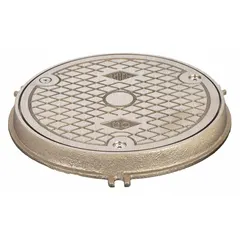 This floor cleanout cover is made of corrosion-resistant nickel bronze with a bronze finish. It includes a frame with anchor lugs for secure installation. The cover provides access to plumbing drain lines for inspection and cleaning in commercial or industrial floors.