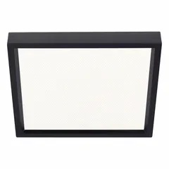 This low-profile square surface-mount LED downlight features a 6-inch nominal size and matte black housing. It operates at 120V AC, delivering 3000K color temperature. Suitable for vanity lighting in bathrooms or dressing areas.