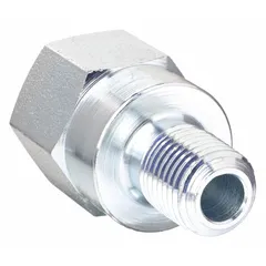 Rigid straight steel hydraulic hose adapter with male NPTF and female NPTF connections. Fitting size 1/4 in x 3/8 in. Used to connect hydraulic components in high-pressure fluid systems, providing a leak-resistant seal between male and female NPTF ports.