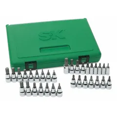 This 50-piece multi-tip shape bit socket set includes 33 Torx bits ranging from T7 to T55. It features 1/4 in and 3/8 in drive sizes, suitable for use with ratchets and drivers in assembly and repair tasks. The set is designed for driving Torx fasteners in industrial maintenance and equipment applications.