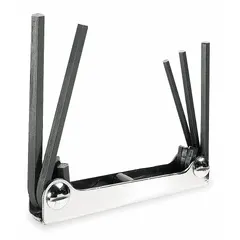 This folding hex key set contains 1 piece with 7 tips, featuring a black oxide finish. The metric, short, standard-end design is suited for tightening or loosening hex socket fasteners in confined spaces. Commonly used in maintenance, assembly, and repair tasks.