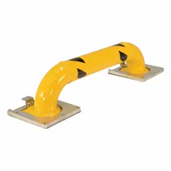 Steel guardrail in yellow, floor-mounted with a 9-inch top rail height and 5/8-inch mounting hole diameter. Mid-rail not included. Used to define safety zones and protect equipment and personnel in industrial environments.