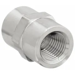Steel hydraulic hose adapter with 1/8 in NPTF female threads on both ends. Rigid straight design for connecting two female NPTF ports in hydraulic systems. Suitable for fluid power applications requiring leak-resistant NPTF-to-NPTF connections.
