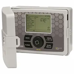 This wall-mounted controller and timer is designed for outdoor use, featuring an LCD display and a battery backup system. It measures 8 5/8 inches in height and is suitable for automating watering schedules in residential and light commercial irrigation systems.