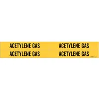 Yellow adhesive pipe marker with black legend reading 'Acetylene Gas'. Designed for pipes with outer diameter from 3/4 to 2-3/8 inches. Pack includes 4 markers without arrows. Used to identify acetylene gas lines in industrial piping systems