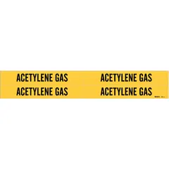 Yellow adhesive pipe marker with black legend reading 'Acetylene Gas'. Designed for pipes with outer diameter from 3/4 to 2-3/8 inches. Pack includes 4 markers without arrows. Used to identify acetylene gas lines in industrial piping systems.