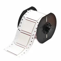 White matte polyolefin precut sleeve label roll for 0 AWG wire gauge. Each label measures 1 in x 2 in and is compatible with the BBP33 printer series. Used for permanent wire and cable identification in industrial control panels, electrical installations, and maintenance applications.