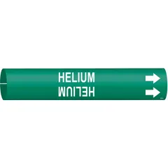 Pipe marker for identifying helium lines in industrial piping systems. Green background with white legend and directional arrows. Fits pipe outer diameters from 1-1/2 to 2-3/8 inches. Includes one marker.