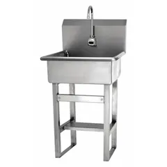 This one-station freestanding hand sink includes a sensor-activated faucet for touch-free operation. The bowl measures 20 inches long and 9 inches deep, with a flow rate of 0.5 gpm. It is battery powered and does not include a side splash. Suitable for commercial restrooms, food service areas, and healthcare facilities.