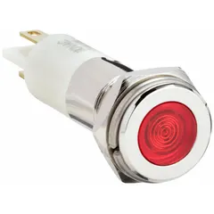 Red LED indicator pilot light with flush head design for 10 mm panel mounting hole. Features 0.11 male quick disconnect electrical connection. Used in industrial control panels and machinery for visual status indication.