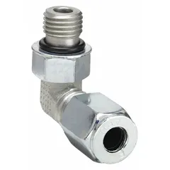 Steel compression fitting elbow from the Ferulok series, featuring a flareless bite-type design for metal-to-metal sealing. Thread size 7/16-20. Suitable for connecting tubing in hydraulic and pneumatic systems, instrumentation, and process control applications.
