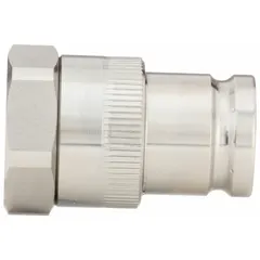 This 71 Series hydraulic quick-connect coupling plug from PARKER features a 316 stainless steel body and a fluorocarbon seal. It has a 1/4 in coupling size with female NPTF threads. Designed for quick, leak-free connections in hydraulic systems, it is suitable for use in corrosive environments and high-temperature fluid-handling applications.