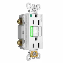 This duplex general purpose receptacle is rated 125V AC, 15 A, with a 5-15R configuration and 2-pole/3-wire grounding. The white GFCI device is suitable for commercial or institutional environments requiring ground-fault circuit interruption.