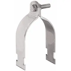 Conduit strap clamp for securing 2-1/2 in conduit to 1-5/8 in strut channels. Made of 316 stainless steel with polished silver finish. Features 5/16 in-18 thread size and 2.500 in cable range. Suitable for industrial electrical installations requiring corrosion resistance.