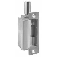 Combination cylindrical and mortise electric strike in stainless steel. Measures 1 1/4 in wide by 4 7/8 in high. Operates on 24V input voltage. Performance Duty Rating 1 - Heavy Duty. Used in access control systems for securing cylindrical and mortise locksets on commercial and industrial doors.