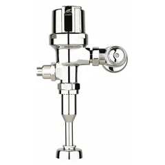 Battery-powered urinal automatic flush valve with exposed design and top spud location. Delivers 0.125 gallons per flush for water-efficient operation. Suitable for commercial restroom installations requiring touch-free flushing.