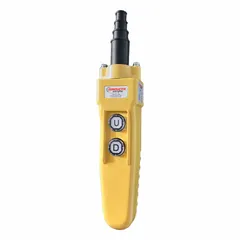 This pendant control station provides Up/Down functions for CM Lodestar (627) electric chain hoists. It is used for lifting and lowering loads in industrial environments such as manufacturing and warehousing.