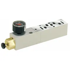 Sandwich manifold compressed air regulator with adjustable pressure range of 5 psi to 125 psi and maximum operating temperature of 120°F. Used in pneumatic systems to control and stabilize air pressure for downstream equipment in automation and manufacturing lines.