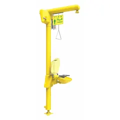 This floor-mount safety shower with integrated eyewash is designed for emergency decontamination in cold environments. It features a covered plastic bowl, galvanized steel pipe construction, and heat-trace freeze protection. Operates on 120 V AC with hardwired connection and includes power indicator lights.