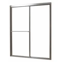 Double-sliding shower door with clear tempered glass and brushed nickel frame. Fits openings 56 to 60 inches wide, 70 inches tall. Designed for residential bathroom shower enclosures.