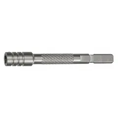 This extended-reach bit holder from LEATHERMAN is designed for power tool use, with a 3 1/4-inch bit holder length. It is nonmagnetic and not impact rated, suitable for light- to medium-duty driving tasks. Commonly used in assembly, maintenance, and repair work where access to recessed fasteners is required.
