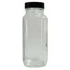 Rectangular glass bottle with 240 mL capacity, clear and colorless body, and 43-400 screw closure. Supplied with a phenolic cap and rubber liner. Suitable for general laboratory mixing, storage, and sampling of liquids.