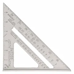 This 7-inch rafter square is made of aluminum with a powder finish. It features 1/8-inch graduations and a Hip and Valley Rafter Scale for layout work in framing applications. The tool uses SAE inch measurements and is suited for marking angle cuts in roof construction.