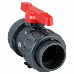 This ASAHI ball valve is a 3-inch straight PVC valve with socket x socket connections. It is rated for a maximum pressure of 230 psi CWP. The valve is used to start, stop, or redirect flow in PVC piping systems, commonly in water treatment, chemical processing, and industrial fluid handling.