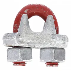 Forged steel U-bolt clip for terminating wire rope ends. Compatible with 3/8 in rope diameter, providing a 6 1/2 in turnback length. Red finish. Used in lifting, rigging, and towing applications to form eyes or loops.