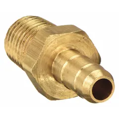 Brass barbed x MNPT adapter for connecting 1/4 in ID tubing to 1/4 in male NPT pipe threads. Rigid construction suitable for tube-to-pipe transitions in industrial fluid systems.