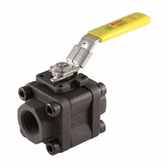 This JOMAR VALVE ball valve is a straight, three-piece design with 1-1/4 in FNPT connections. Constructed of carbon steel, it features a locking lever handle for secure operation. Suitable for on/off flow control in industrial piping systems handling water, oil, gas, and other non-aggressive media.
