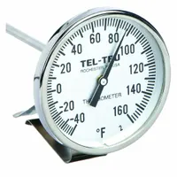 Clip-on dial thermometer for monitoring temperature in food-service vats and pans. NSF-rated for commercial kitchens, laboratories, and industrial processing. Features ±1% accuracy, 8-inch stem, and Fahrenheit scale from -40°F to 160°F