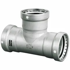 This stainless steel press tee fitting is used to create a branch connection in piping systems, allowing equal flow distribution. It features an FKM seal and is suitable for industrial plumbing, HVAC, and process lines.