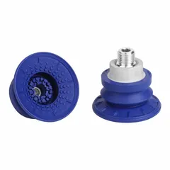 Bellows-type vacuum pad assembly with 1.5 folds for handling components with uneven surfaces. Features G1/4 in connection, 56 mm pad diameter, NBR material in blue, 60 A durometer. Suitable for automated pick-and-place operations in industrial settings.