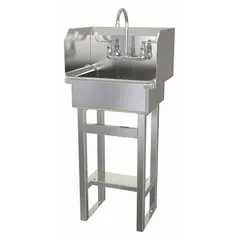 This one-station freestanding hand sink includes a faucet and side splash. Constructed from 16 ga stainless steel, it features a 17 in bowl length and 7 in bowl depth with a 2 gpm flow rate. Suitable for commercial hand-washing in facilities requiring hygiene and durability.