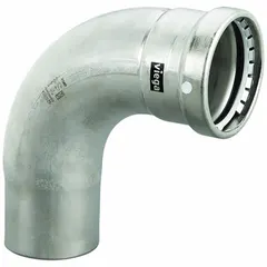 This stainless steel press elbow fitting provides a 90-degree directional change in piping systems. It features an FTG x Press-fit connection with an FKM sealing element for leak-free joints. Suitable for use in commercial plumbing, HVAC, and industrial process lines.