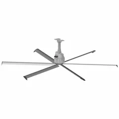 Industrial HVLS ceiling fan with 8 ft blade diameter, operating on 460V AC three-phase power at 1.3 A. Features variable speed control for adjustable airflow in large commercial and industrial spaces such as warehouses, factories, and distribution centers. No light kit included.