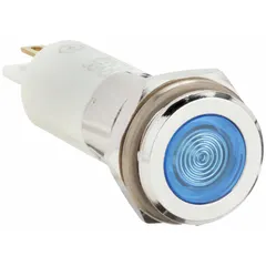 Blue LED pilot light with flush head design for 12 mm panel mounting hole. Features 0.11 Male Quick Disconnect electrical connection. Used as a visual status indicator on industrial control panels and machinery.