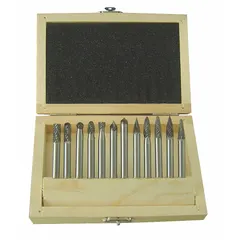 This 12-piece double-cut carbide bur set from WESTWARD features 1/4" head diameter and 1/4" shank, identified by trade number SF-1. Double-cut design enables efficient material removal for deburring, shaping, and finishing on metal, wood, and plastic. Suitable for industrial fabrication, tool and die work, and maintenance applications.