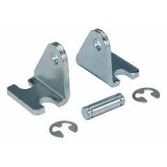 Foot-mount bracket assembly for pneumatic or hydraulic cylinders. Includes pivot bracket and pin. Fits cylinder bore diameters from 7/16 in to 9/16 in. Overall width 3/4 in. Aluminum construction.