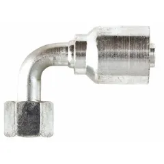 Steel 90° elbow hydraulic hose fitting with ORS (O-Ring Seal) connection on one end and crimp connection on the other. Female thread size 0.511"-27, designed for -16 dash size hose. Used in fluid power systems to connect hoses at a right angle, providing leak-resistant sealing in hydraulic circuits.