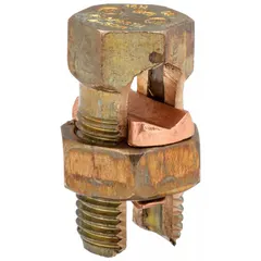 Bronze split-bolt connector for splicing or tapping copper wire in sizes 1/0 AWG to 4 AWG. Suitable for above-ground electrical power and grounding connections in industrial, commercial, and utility installations. Not rated for direct burial.