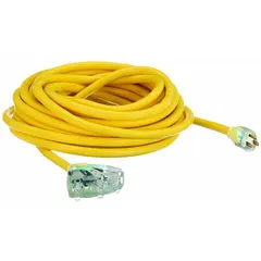 This 50-foot outdoor extension cord features three grounded outlets and a NEMA 5-15P plug. The 10/3 SJTOW construction and yellow jacket provide cold-weather flexibility from -58° to 194°F. Suitable for powering tools, lights, or equipment in outdoor work areas, construction sites, or temporary setups.