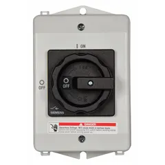 Non-fusible disconnect switch rated for 30 A and three-phase operation. Housed in a plastic enclosure with a black handle. CSA Certified for indoor and outdoor use. Used to safely isolate electrical circuits for maintenance or emergency shutdown.