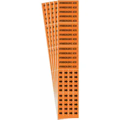 Adhesive pipe markers for identifying pipes carrying hydrochloric acid. Orange background with black legend text, includes directional arrows. Fits pipe outer diameters of 3/4 inch and smaller. Pack of 5.