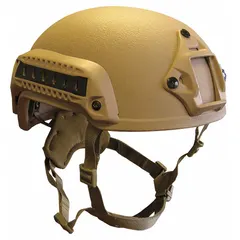 This Level IIIA combat helmet is constructed from aramid material in a tan finish. It features a 1/2-inch pad thickness and is designed to provide ballistic protection against handgun rounds and fragmentation for tactical, law enforcement, and security applications.