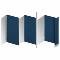 Plastic polymer urinal screen in blue. Measures 48 inches high, 24 inches wide, and 1 inch thick. Used in commercial restrooms to reduce splash and improve hygiene.