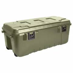This 27-gallon rolling storage trunk is constructed of green plastic and measures 37 1/2 in x 18 in x 14 in. It features two molded handles and latch closures for secure containment. Suitable for transporting tools, equipment, or gear in industrial and warehouse settings.